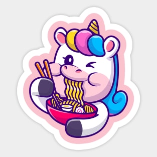 Cute Unicorn Eating Ramen Noodle Cartoon Sticker